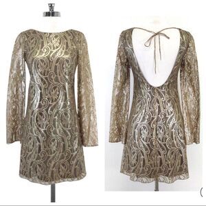Tibi gold metallic lace shift dress open scoop back 4